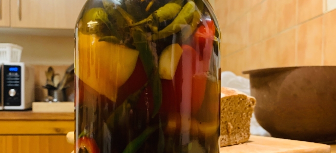 Pickled chillies on kitchen counter