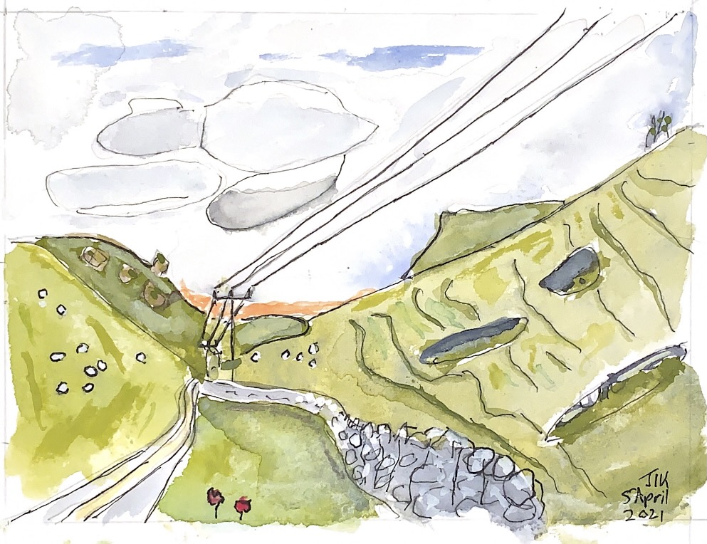 Watercolour showing telegraph wires and a pathway receding into hills
