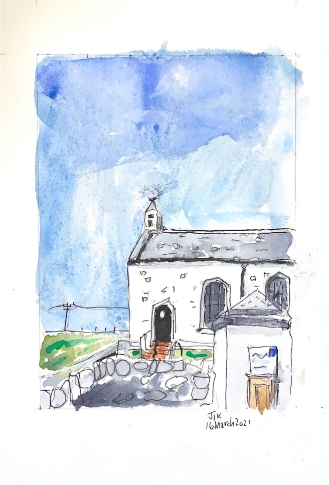 Watercolour showing a church against fields and a blue sky
