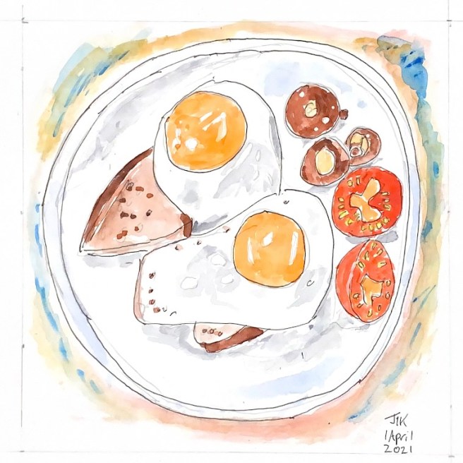 Watercolour showing a plate with fried eggs, bread, tomatoes and mushrooms