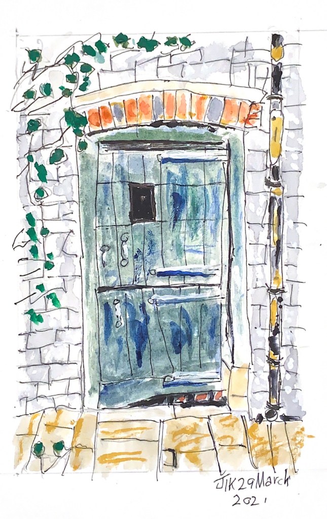 Watercolour showing barn style door in blue/green