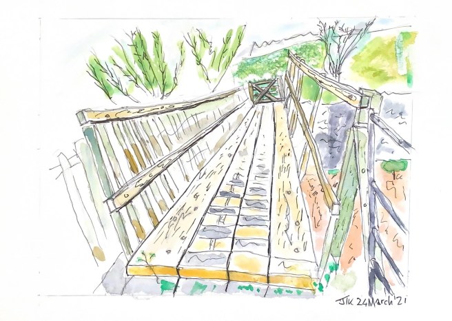 Watercolour showing footbridge
