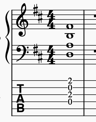 Notation and Tab. Piano notes D4, A4, B4. F sharp 3. Tab: open d, fret 2 on g, open b and fret 2 on e.