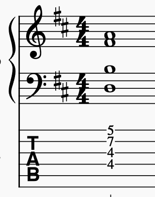 Notation and Tab. Piano notes D4, B4, F sharp 3, A3. Tab: fret 4 on d, fret 4 on g, fret 7 on b and fret 5 on e.